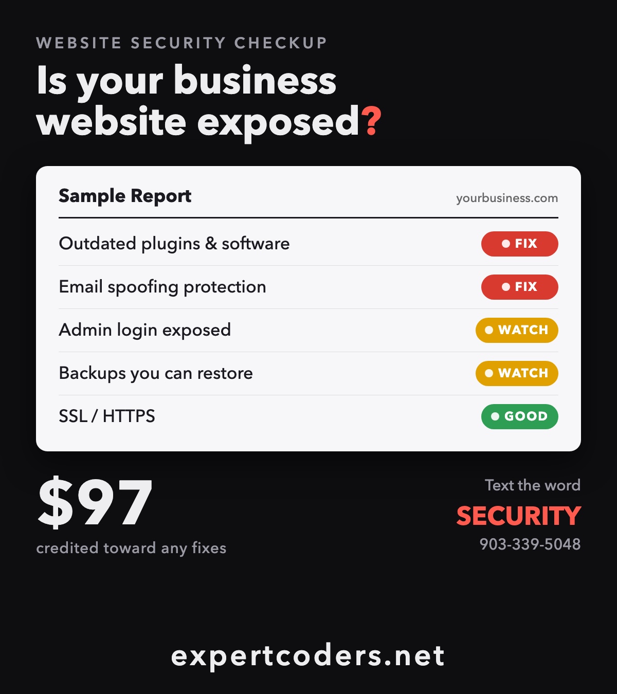 Sample security report showing items to fix, watch, and items that are good