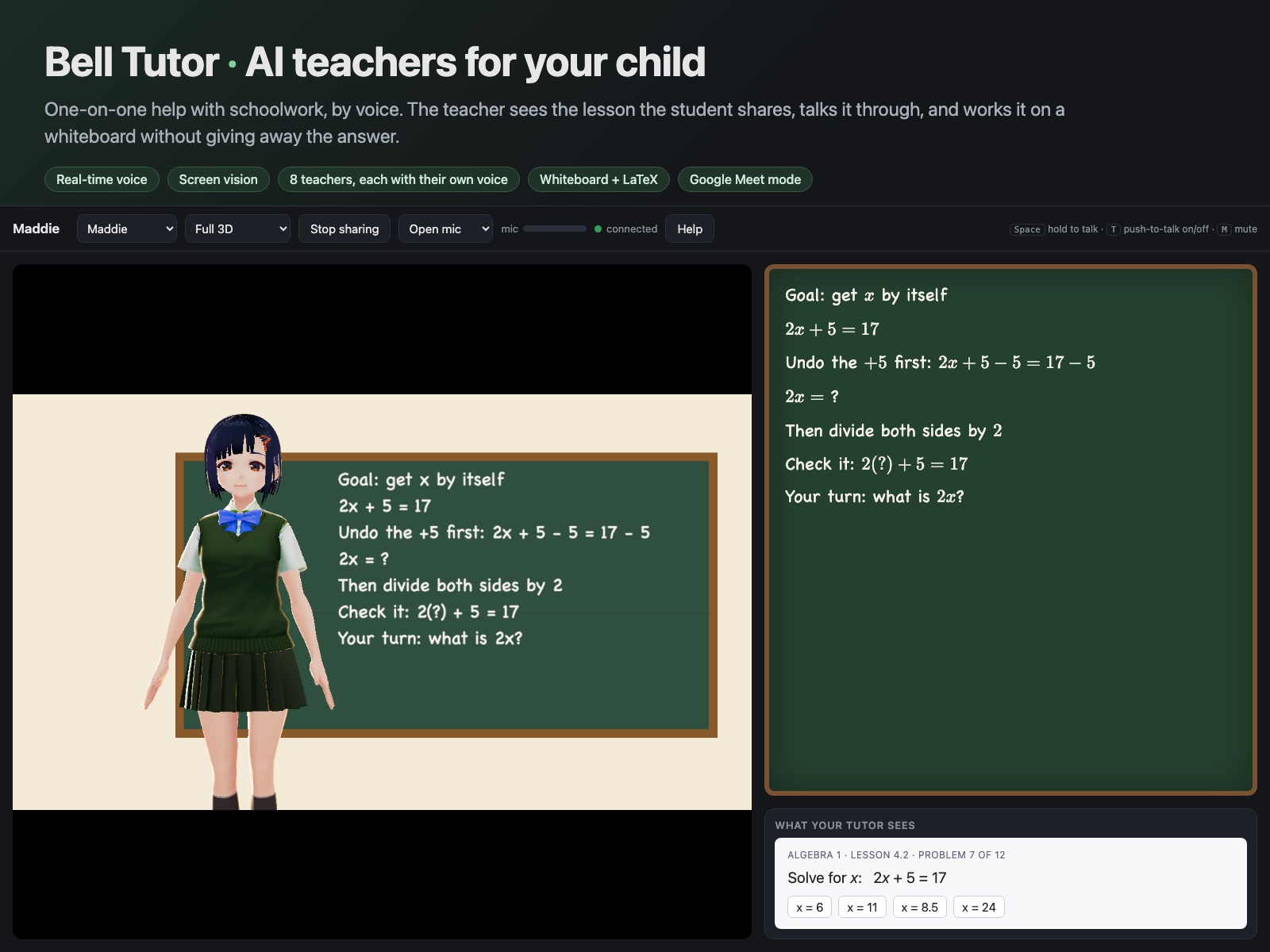 Bell Tutor — AI Voice Teachers With Animated Avatars (Python, LLM Vision, WebGL)