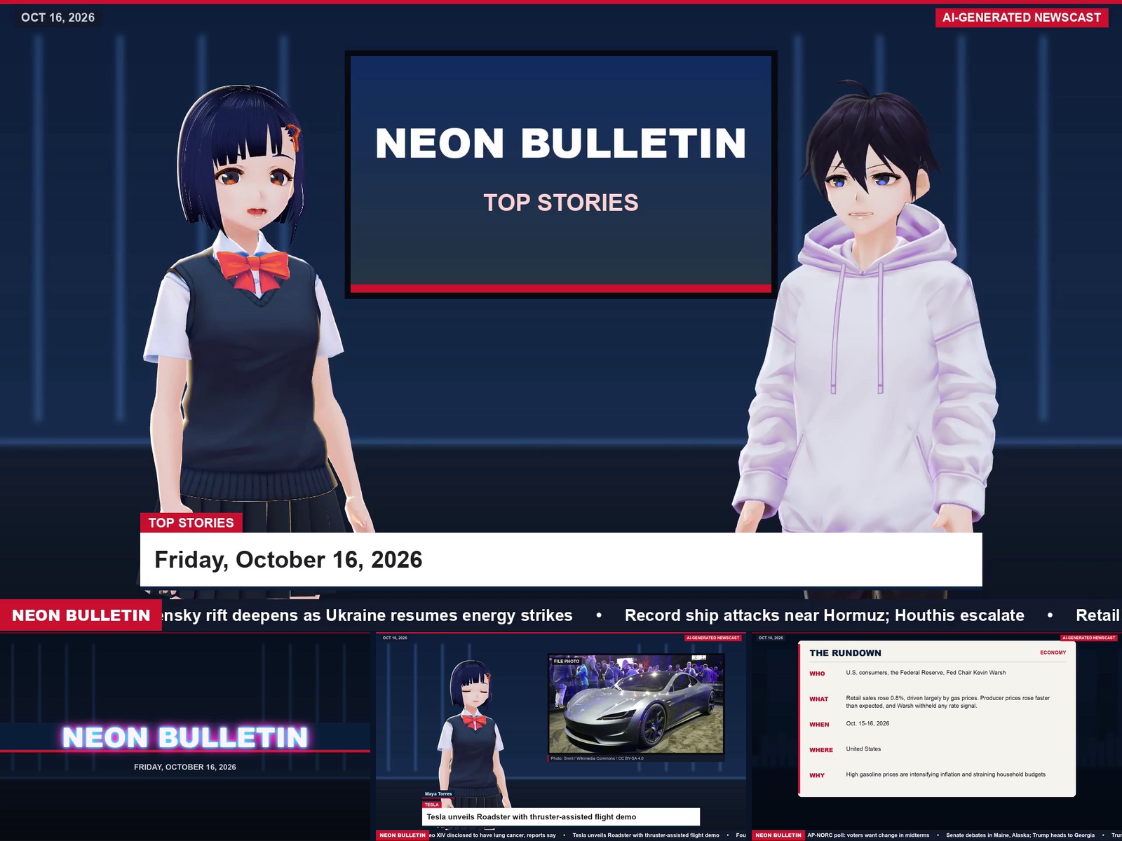 Neon Bulletin — Automated AI-Anchored Daily Newscast (Python, ffmpeg, 3D VRM)