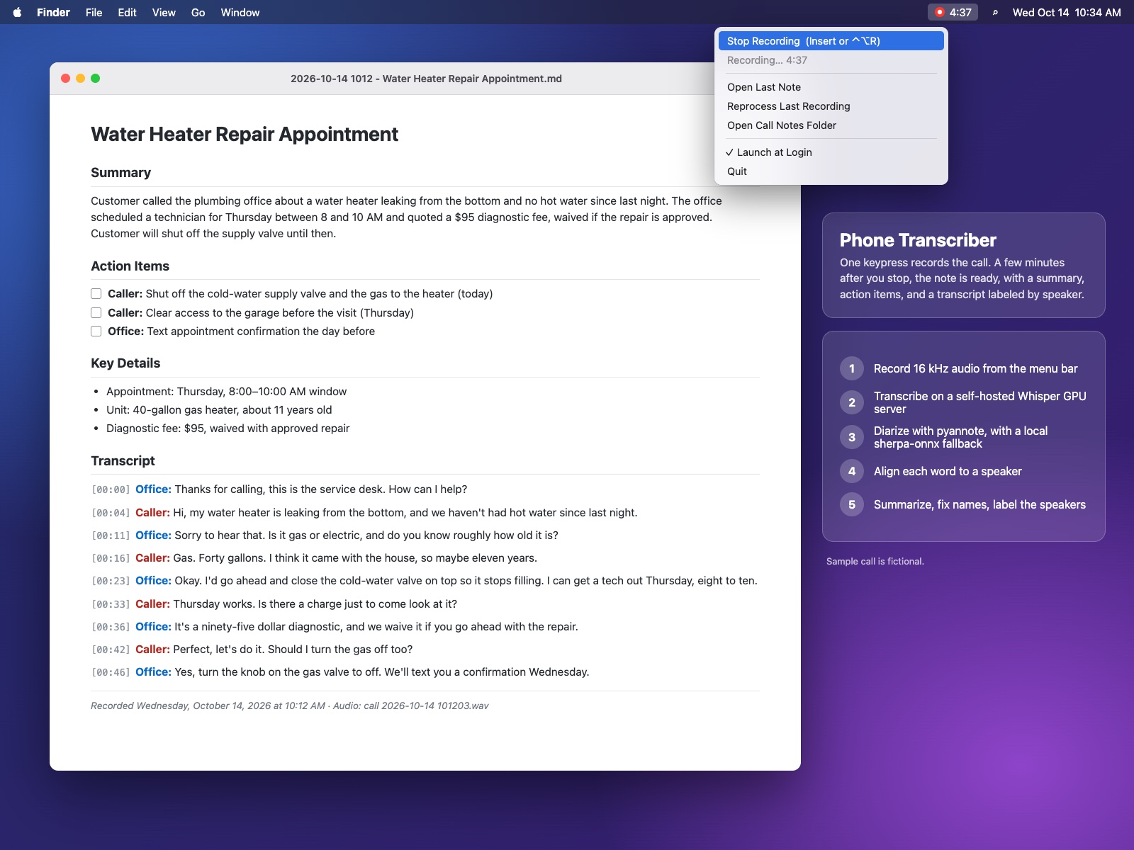 Phone Transcriber — speaker-labeled call notes for macOS (Swift, Whisper, pyannote)